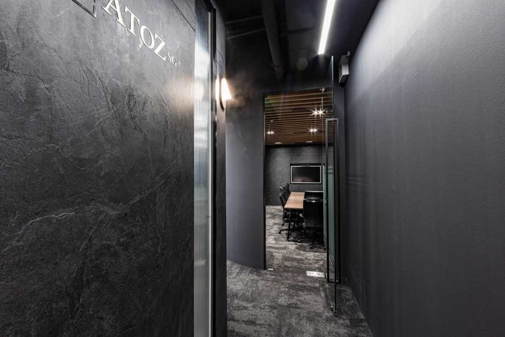 Modern Entryway with Glass Door and Carpet