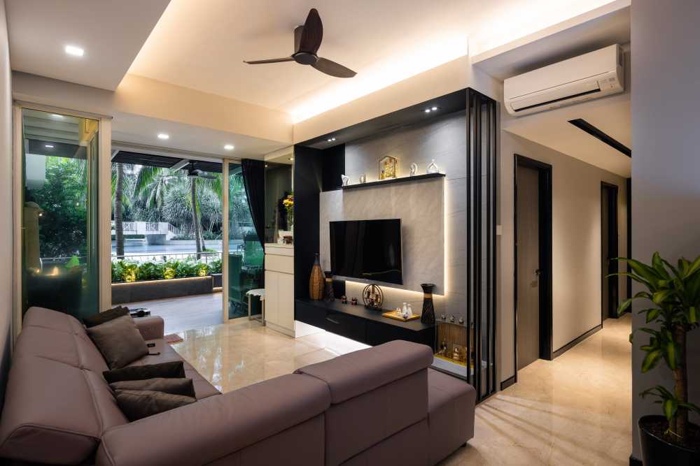 Modern Living Room with Marble Floor and Feature Wall