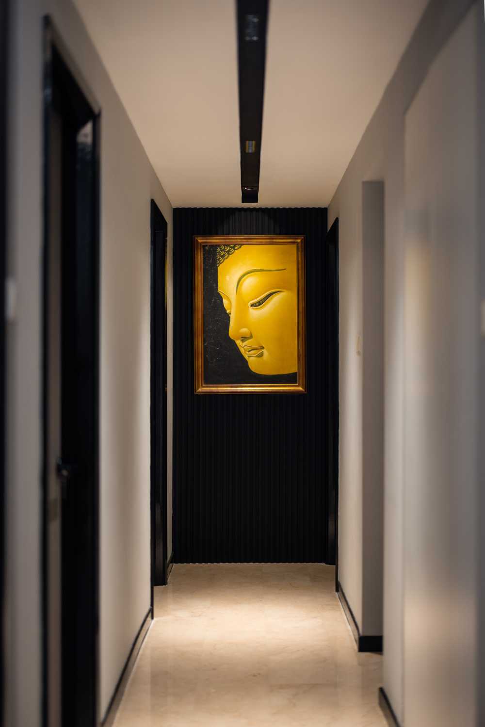 Modern Entryway with Marble Floor and Feature Wall