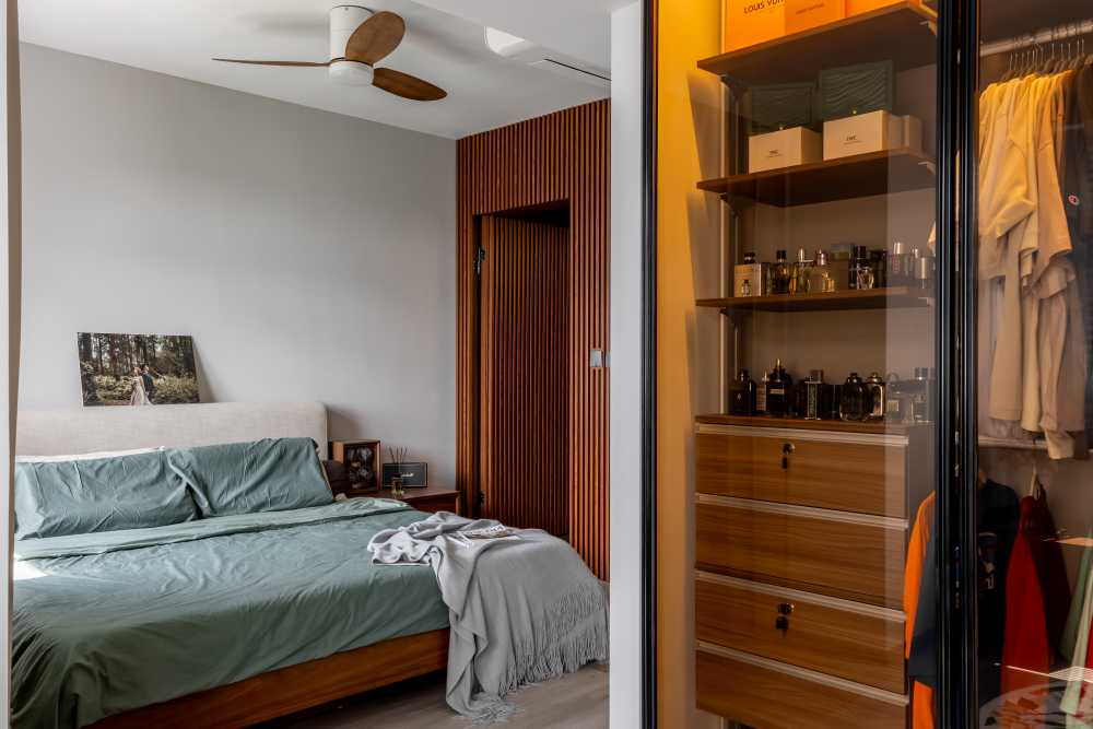 Scandinavian Bedroom with Vinyl Flooring and Feature Wall