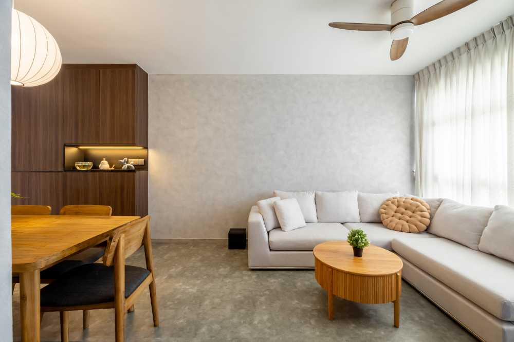 Scandinavian Living Room with Ceiling Fan and Curtain