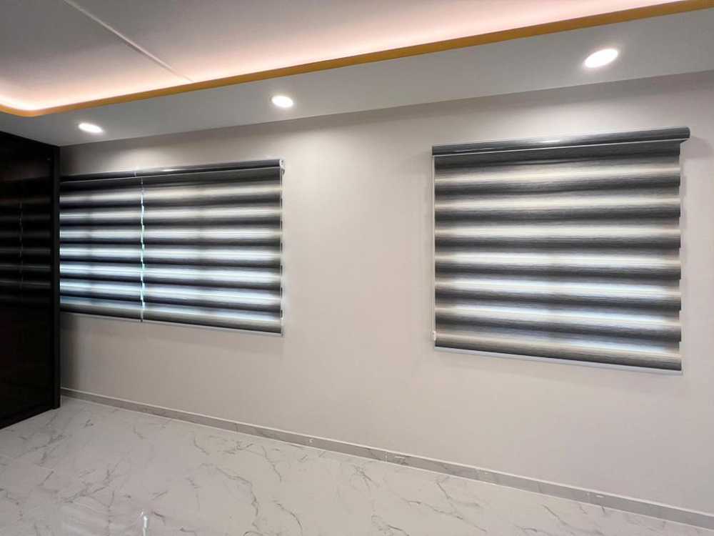 Scandinavian Foyer with Window Shutters and Window Grille