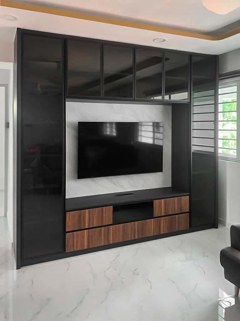 Scandinavian Living Room with TV Console and Paintings
