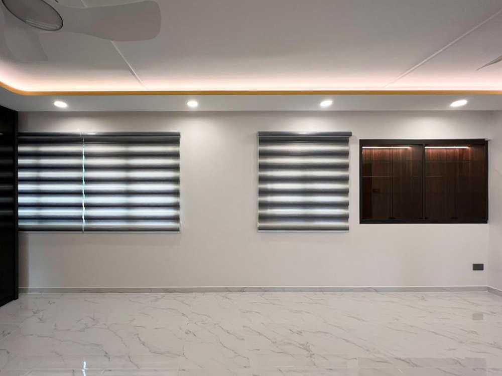 Scandinavian Foyer with Window Shutters and Window Grille