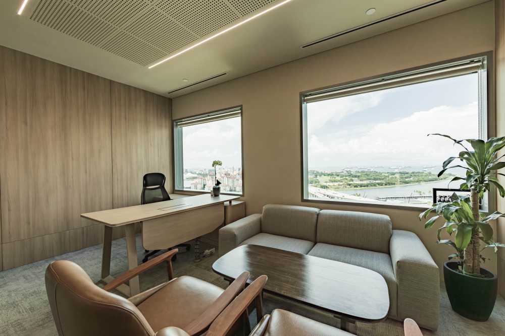 Contemporary Home Office with Sofa and Coffee Table