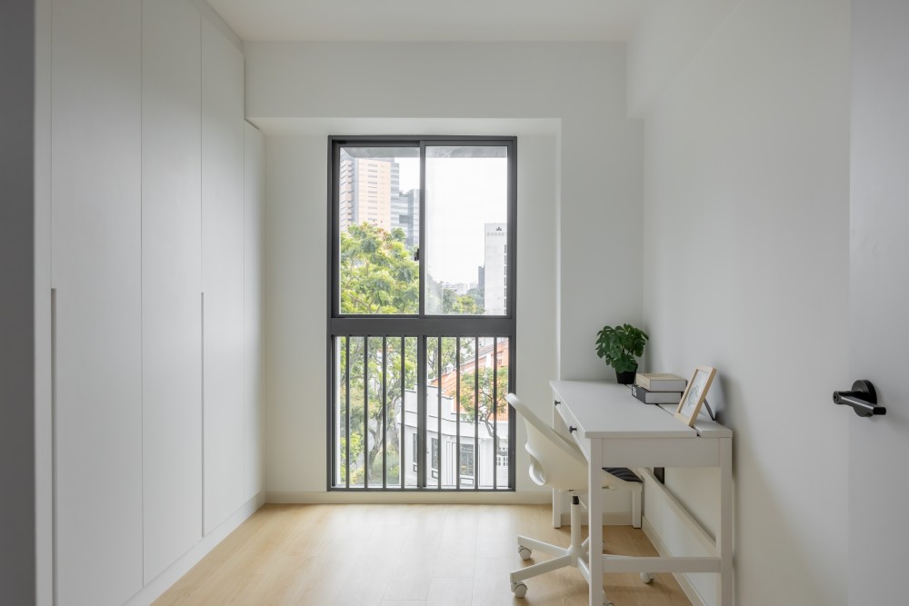 Minimalist Study with Vinyl Flooring and Ceiling Light