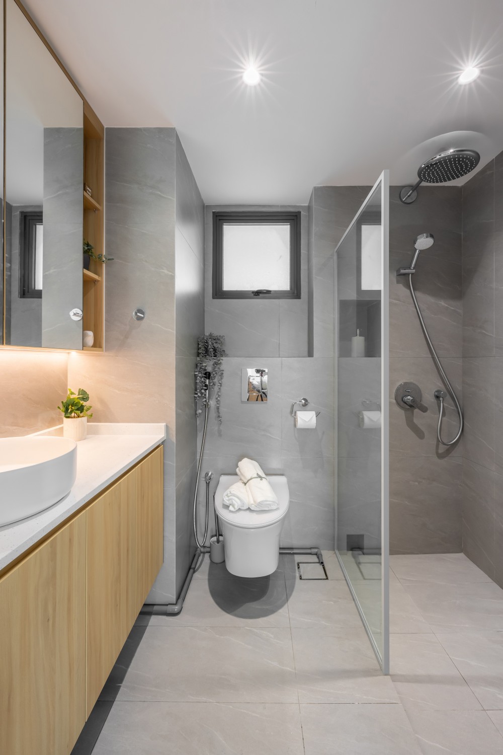 Minimalist Bathroom with Countertop and Herringbone Tiling