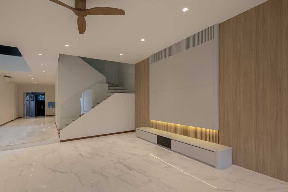 Minimalist Living Room with Marble Floor and TV Console