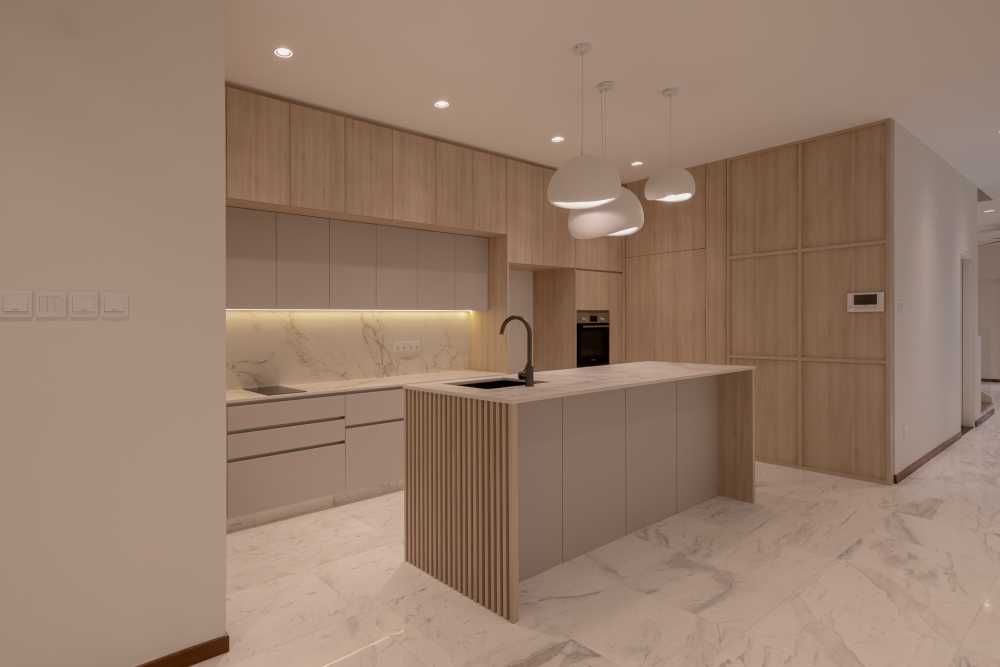 Minimalist Kitchen with Cupboard and Open Kitchen
