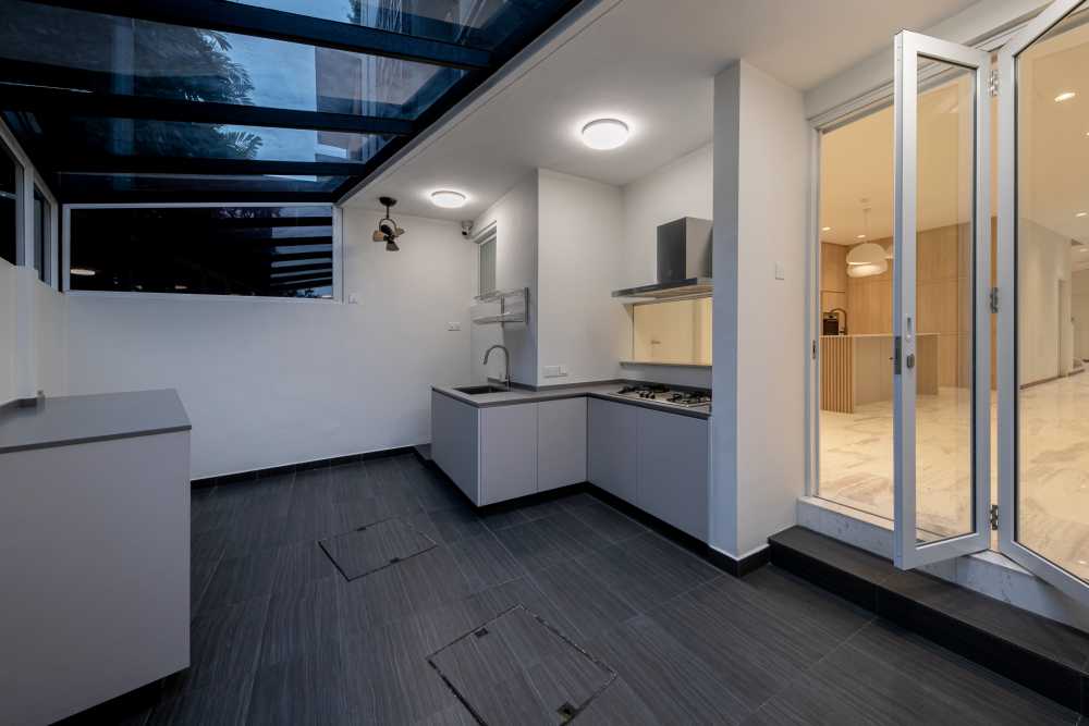 Minimalist Outdoor with Barbecue and Outdoor Lighting