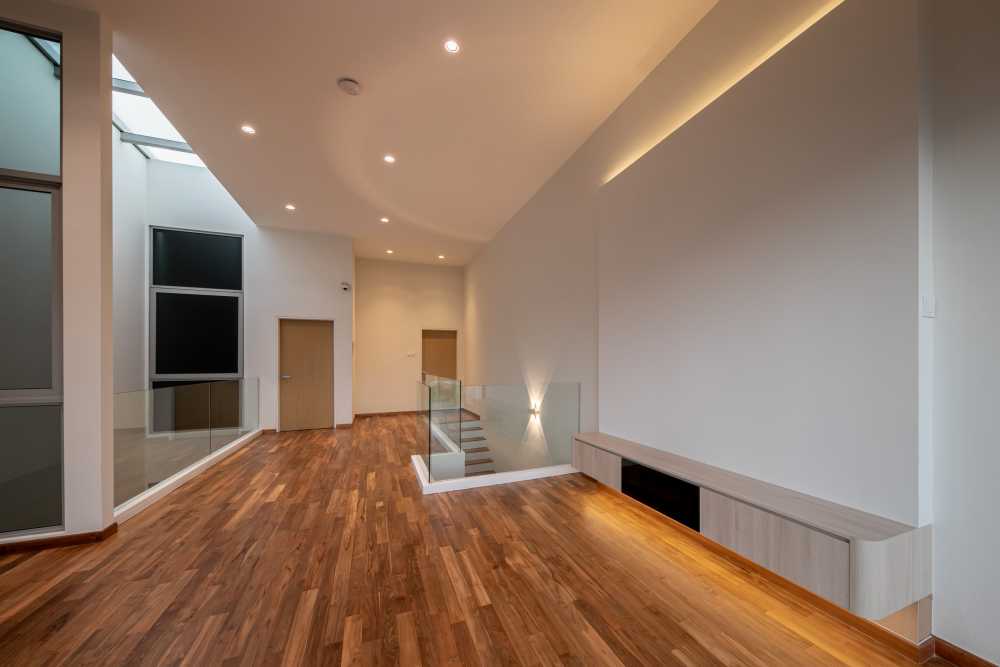 Minimalist Living Room with Parquet Floor and TV Console