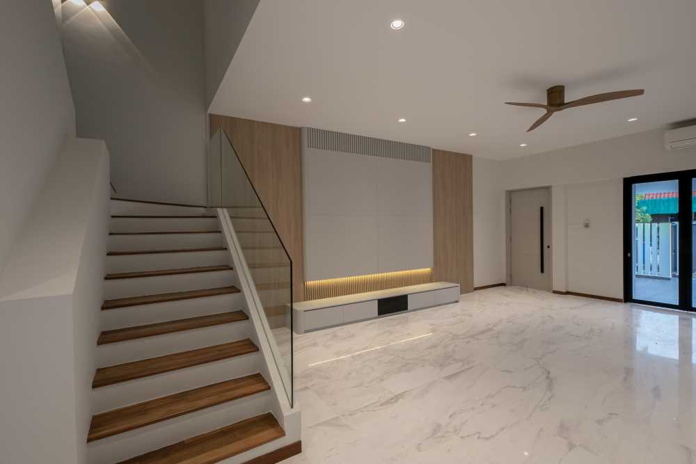 Minimalist Living Room with Marble Floor and TV Console