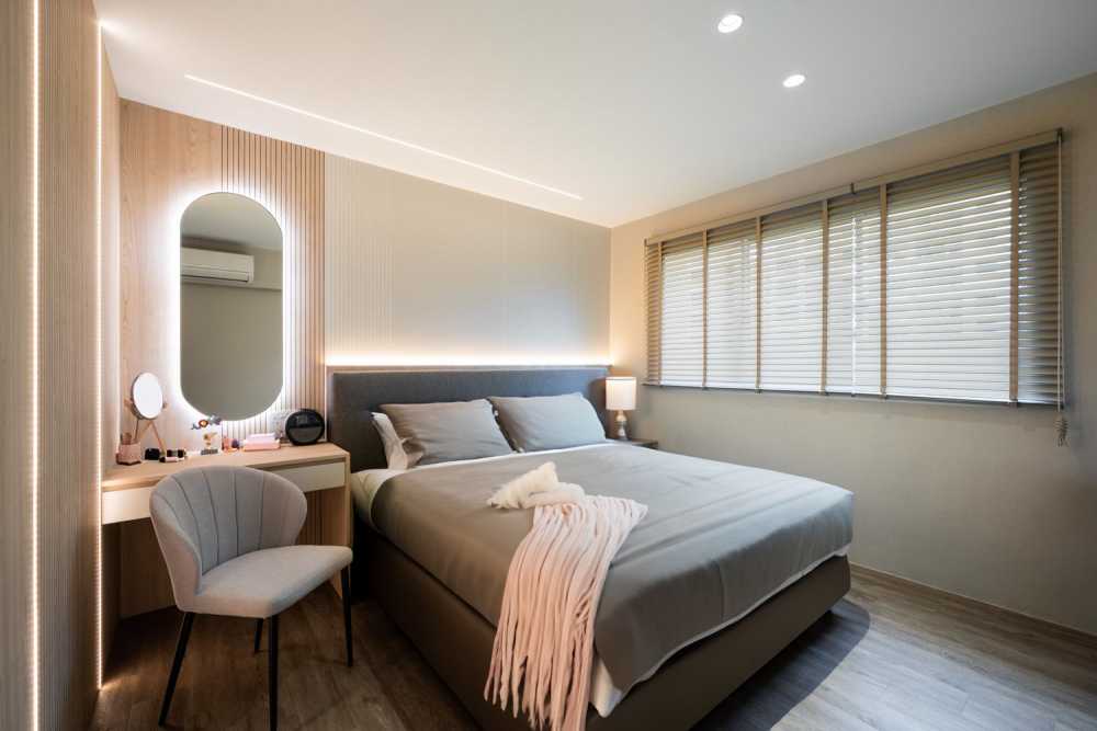 Modern Bedroom with Vinyl Flooring and Built-in Bed