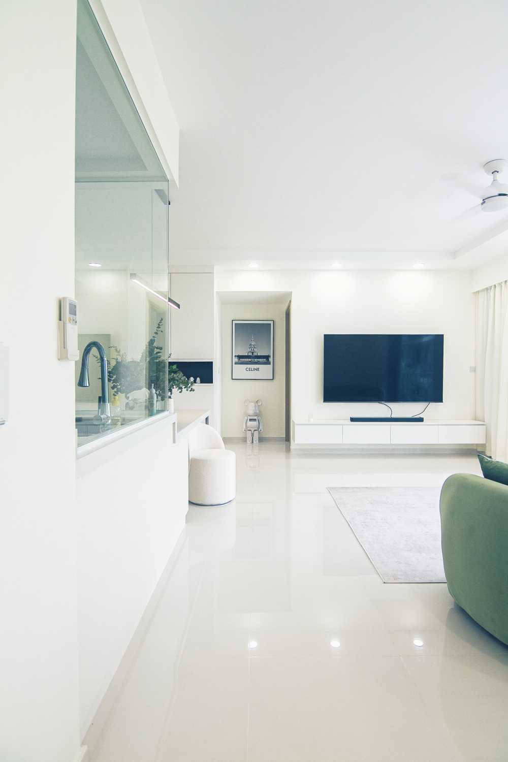 Minimalist Living Room with Homogeneous Tiles and TV Console