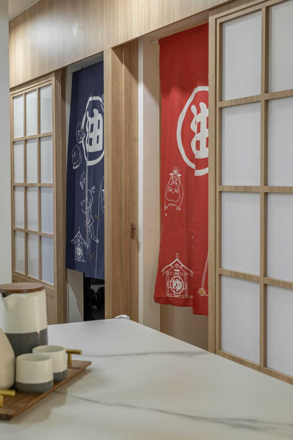 Asian Hallway with Countertop and Feature Wall