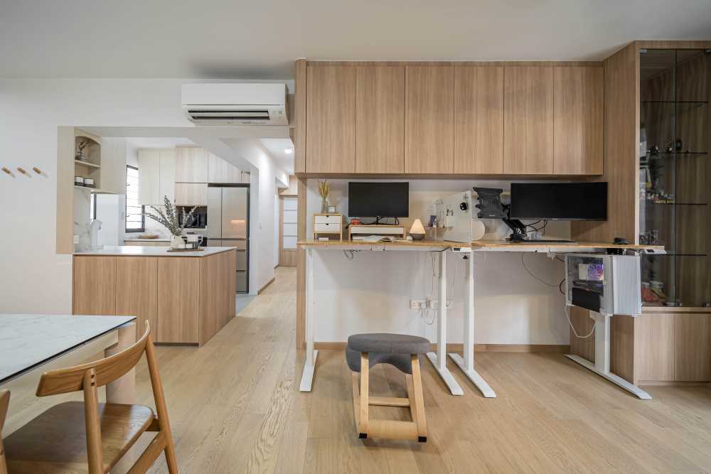 Asian Living Room with Countertop and Wood Flooring