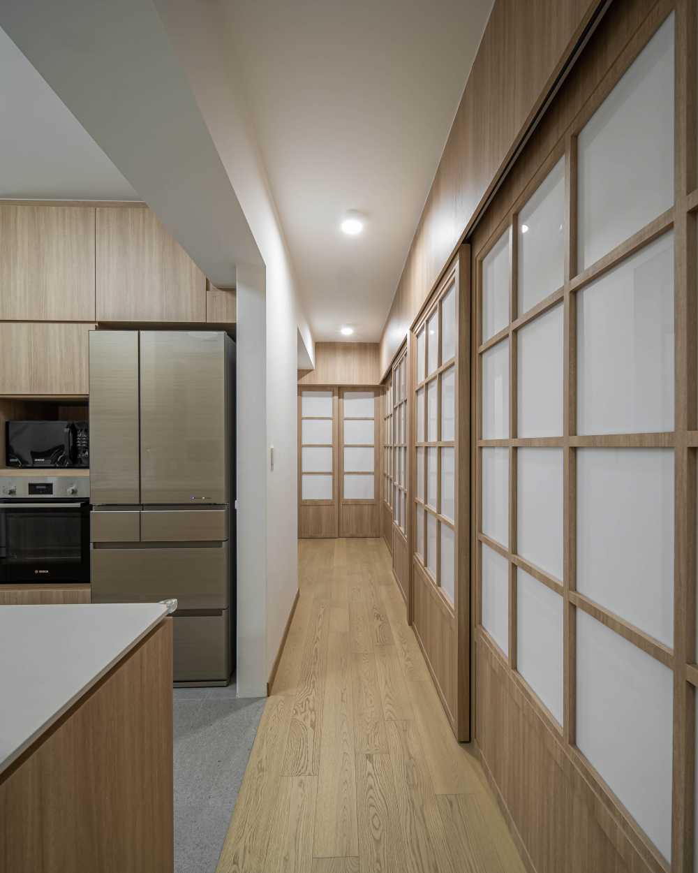 Asian Hallway with Countertop and Ceiling Light