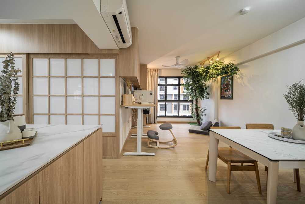 Asian Living Room with Countertop and Feature Wall