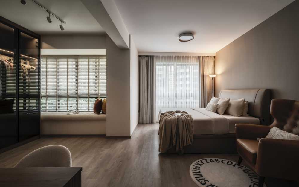 Scandinavian Bedroom with Curtain and Armchairs