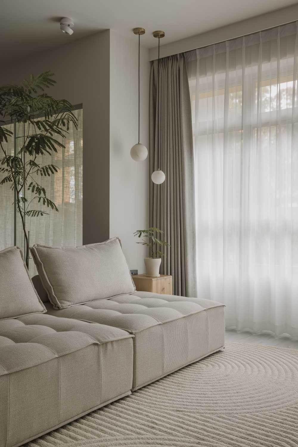Minimalist Living Room with Carpet and Curtain
