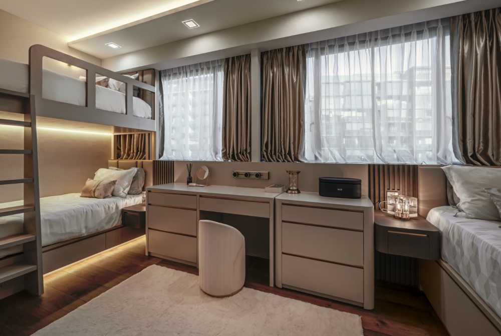 Modern Bedroom with Curtain and Display Cabinets