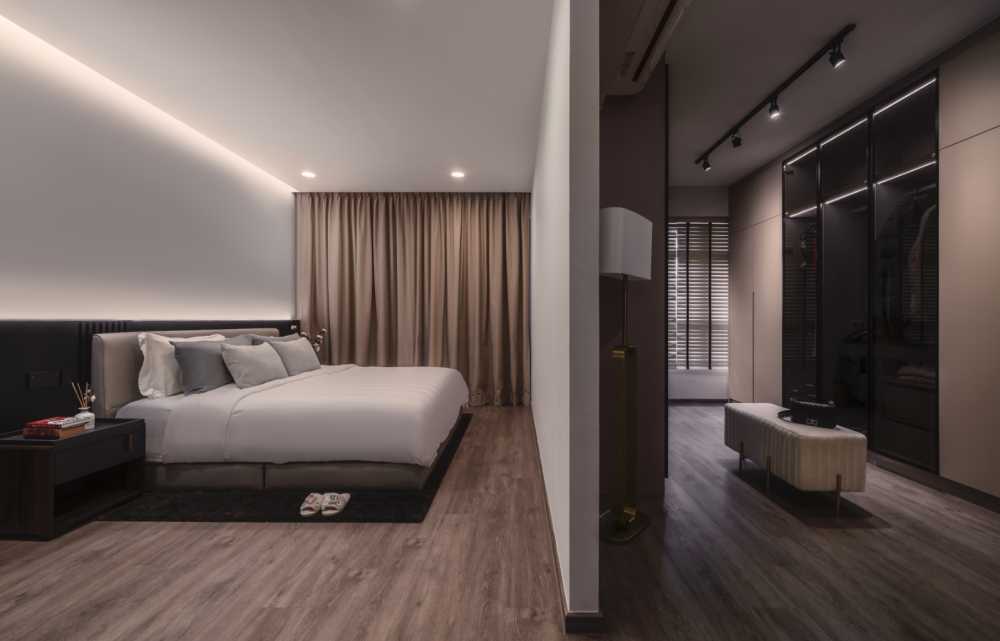 Contemporary Bedroom with Curtain and Storage Cabinets