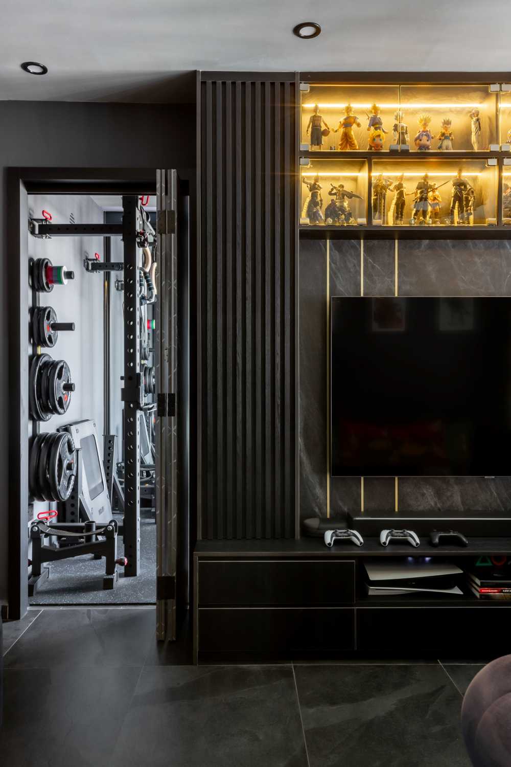 Contemporary Home Gym with Seating Bench and Storage Cabinets