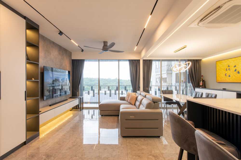 Modern Living Room with Homogeneous Tiles and Cove Lighting
