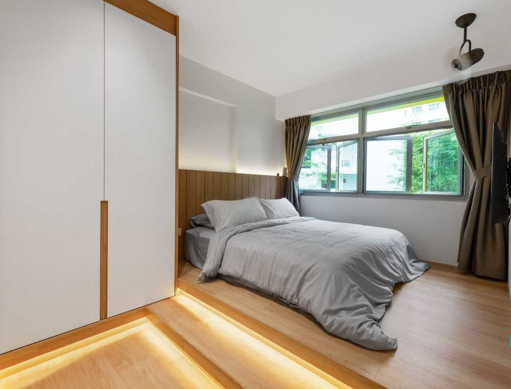 Scandinavian Bedroom with Platform Bed and Vinyl Flooring