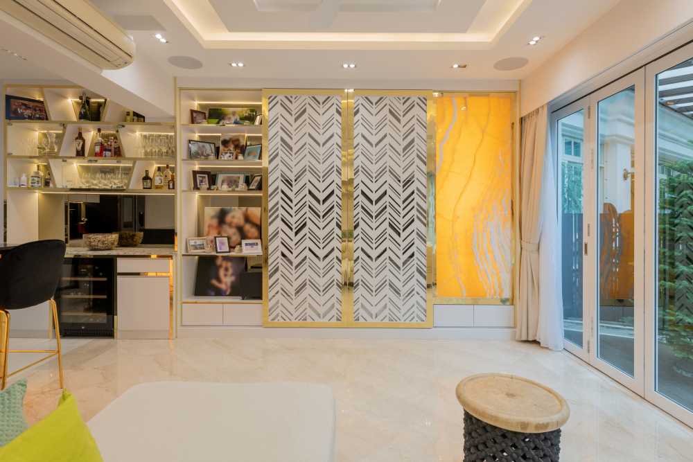 Modern Living Room with Marble Floor and Feature Wall