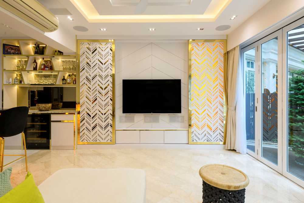 Modern Living Room with Herringbone Tiling and Marble Floor