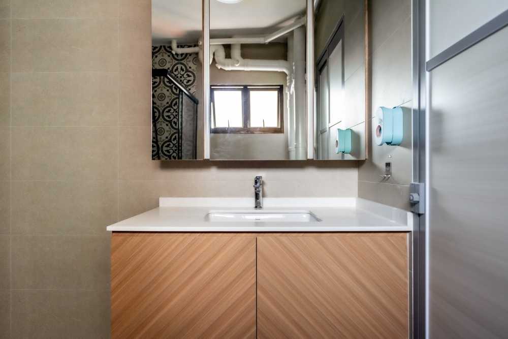 Scandinavian Bathroom with Countertop and Mirror