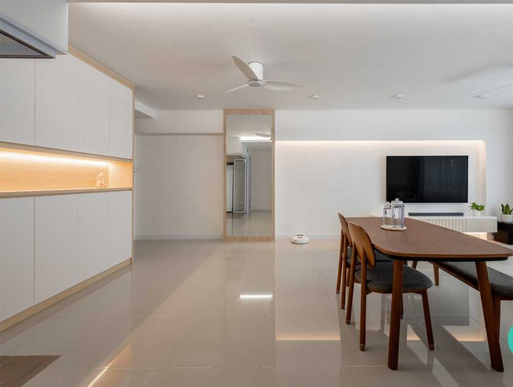 Contemporary Living Room with Homogeneous Tiles and TV Console