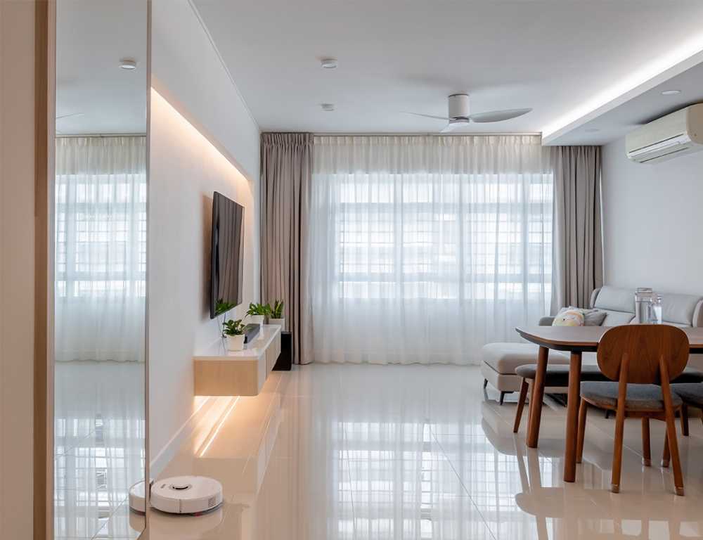 Contemporary Living Room with Homogeneous Tiles and TV Console
