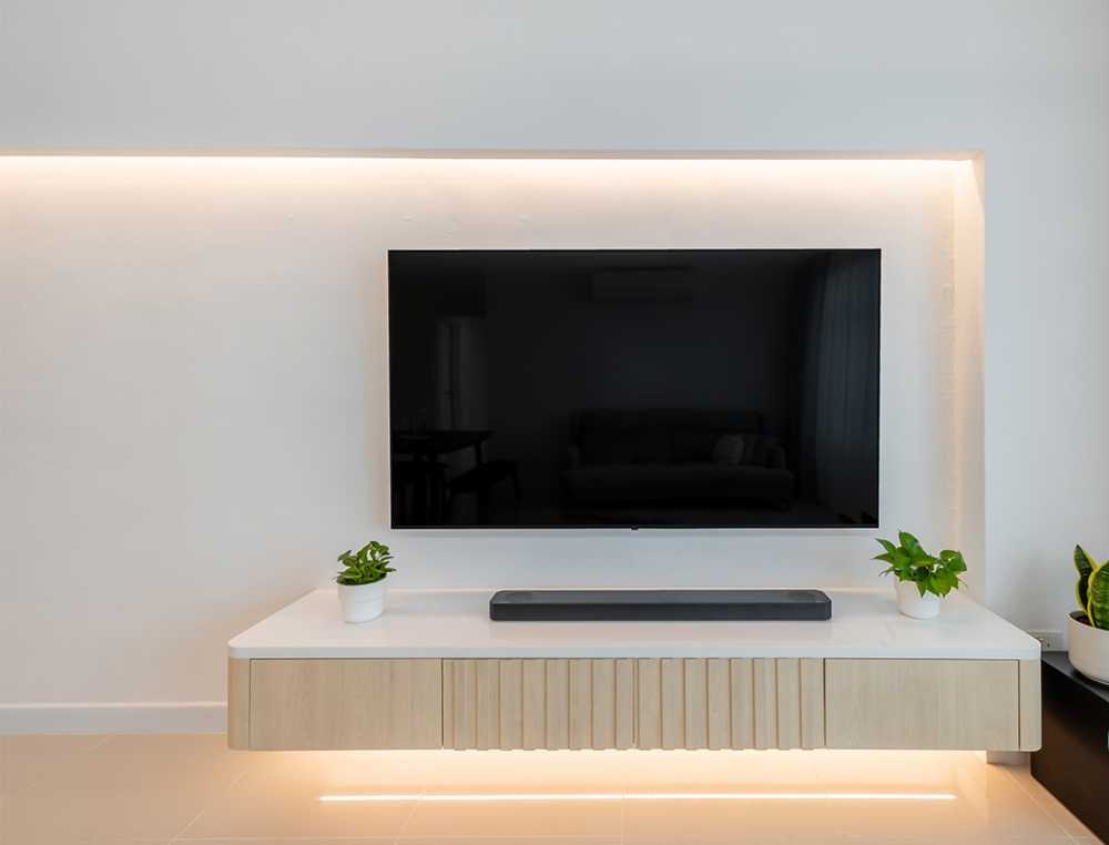 Contemporary Living Room with Homogeneous Tiles and TV Console