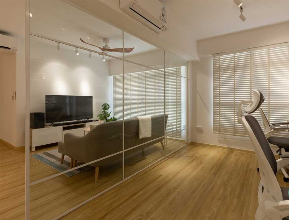 Scandinavian Study with Desk Chairs and Wall Shelves