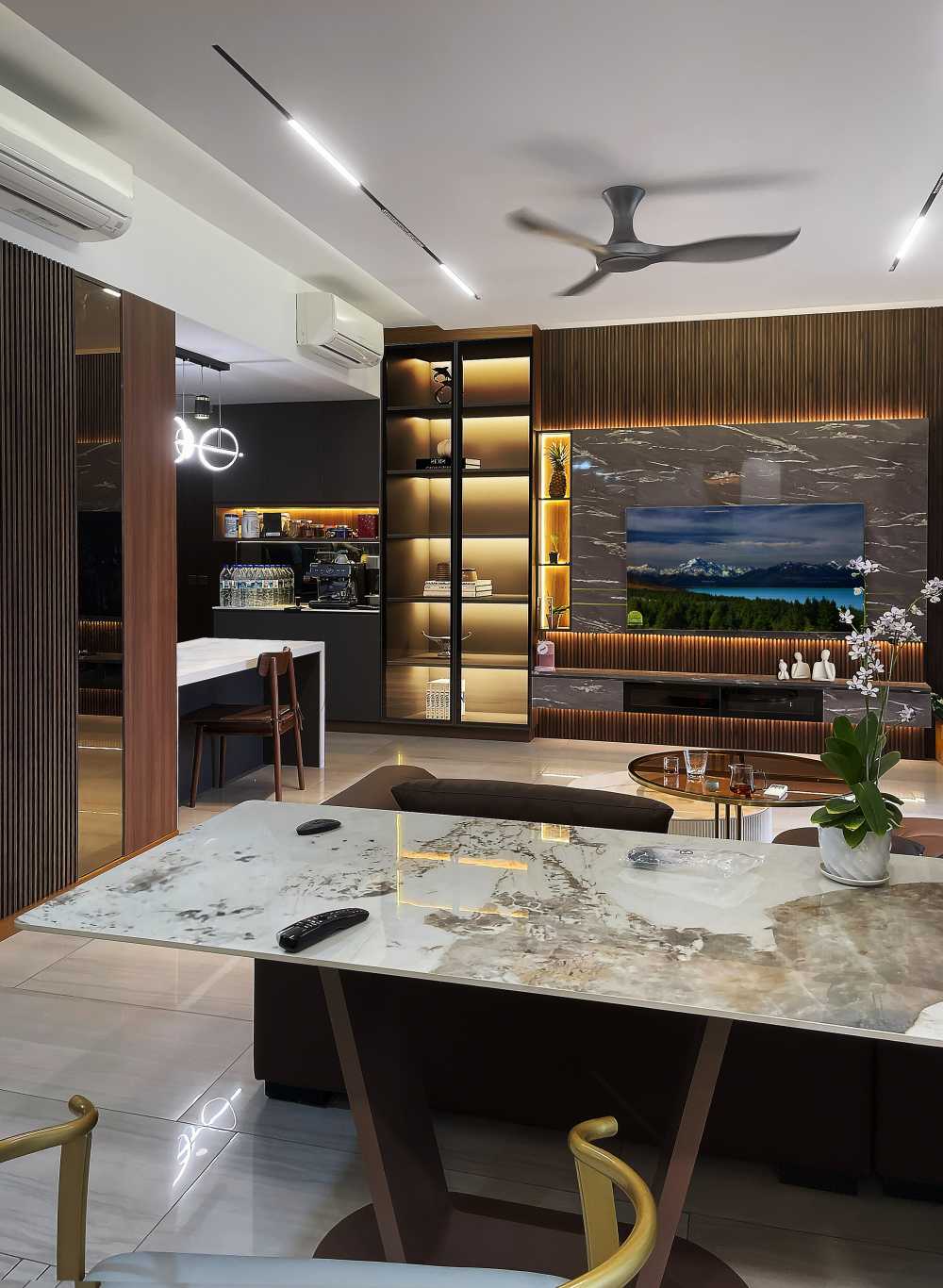 Contemporary Living Room with TV Console and Display Cabinets