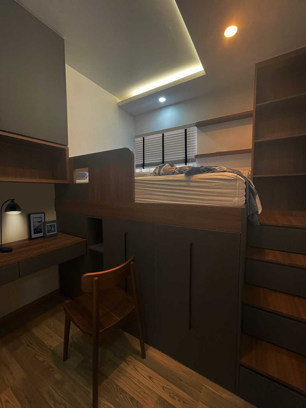 Contemporary Bedroom with Bookshelf and Vinyl Flooring
