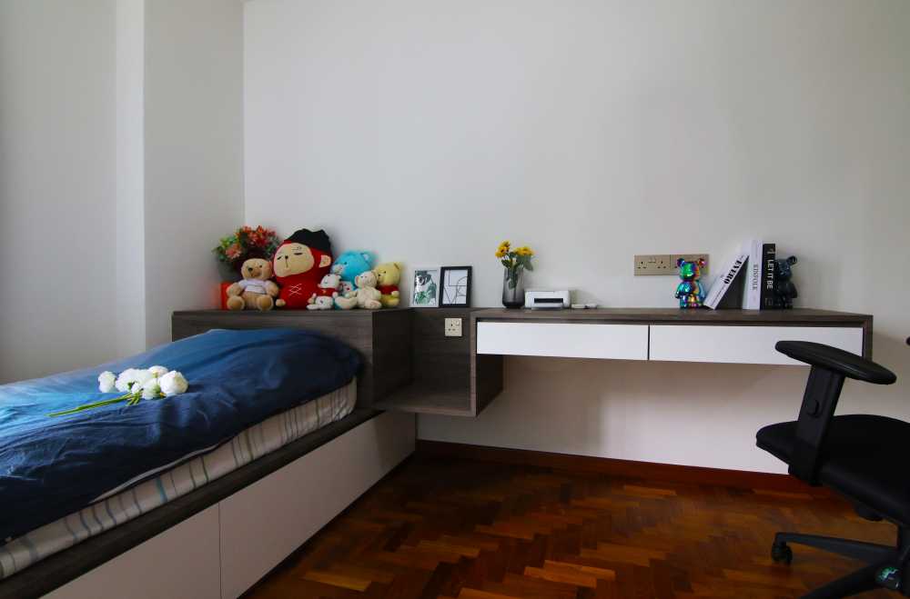 Contemporary Bedroom with Platform Bed and Parquet Floor