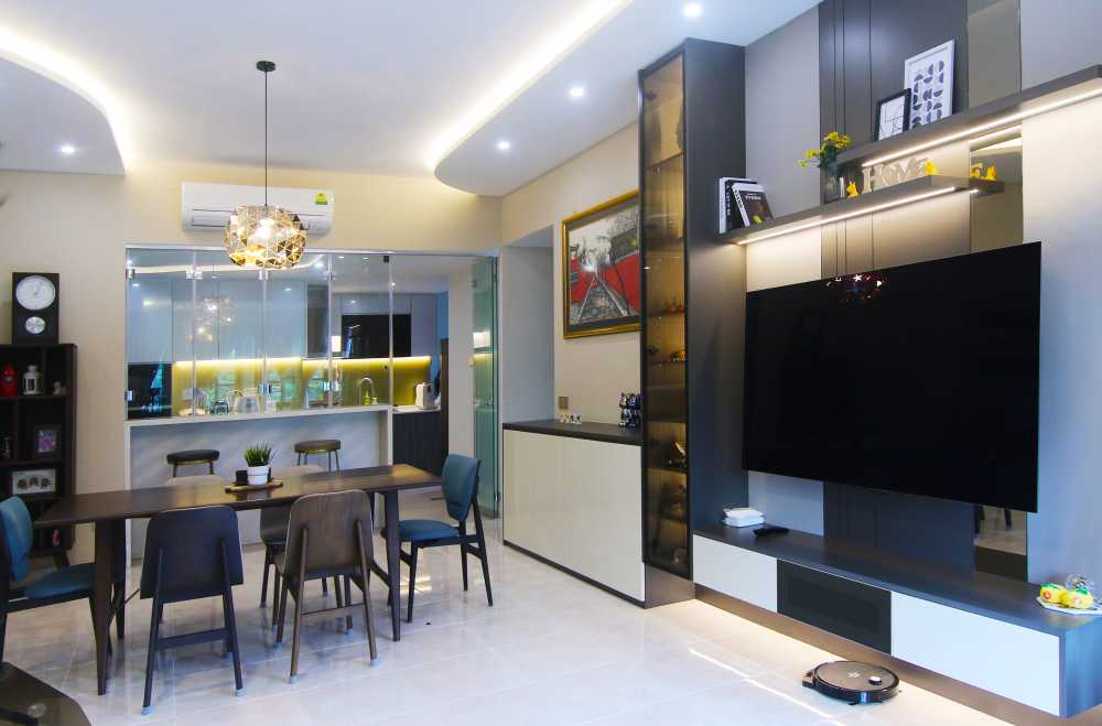 Contemporary Living Room with Feature Wall and Kitchen Island