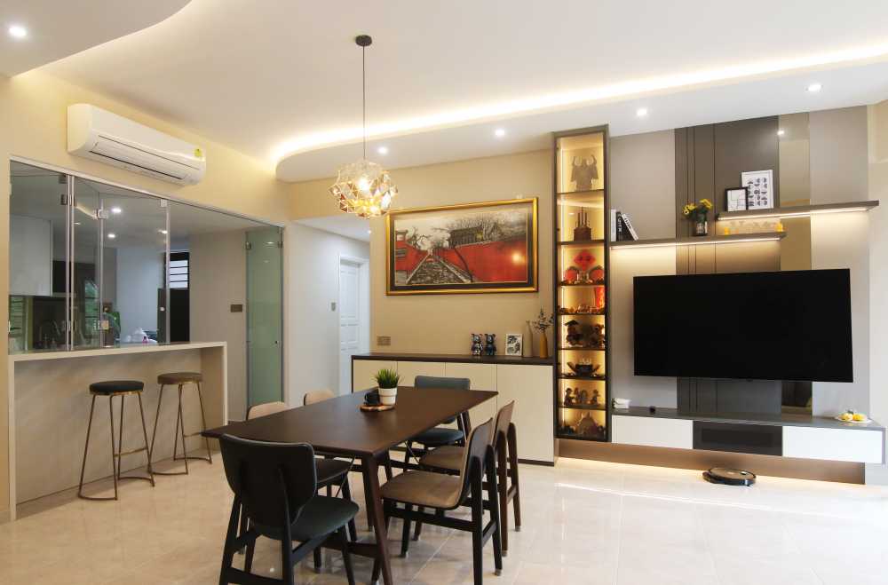 Contemporary Living Room with TV Console and Feature Wall