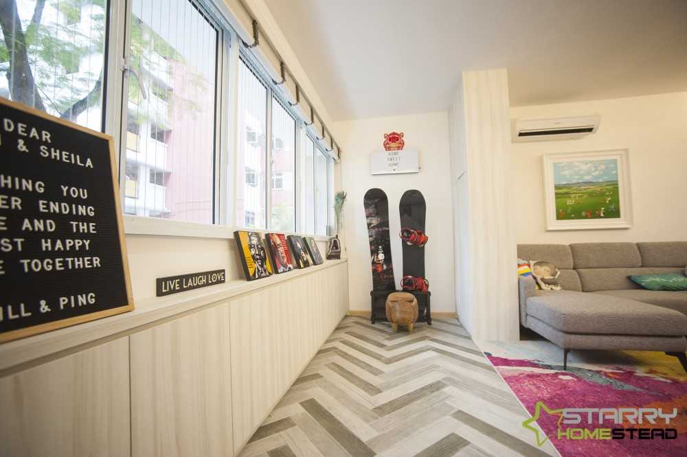 Scandinavian Living Room with Storage Cabinets and Tiles
