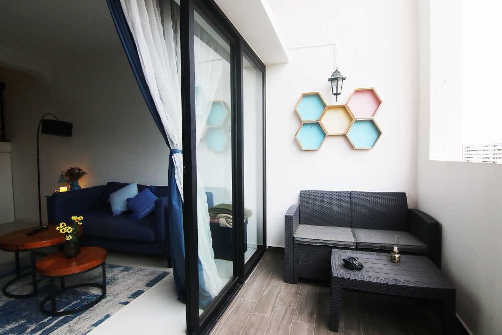 Scandinavian Balcony with Wall Shelves and Outdoor Lighting