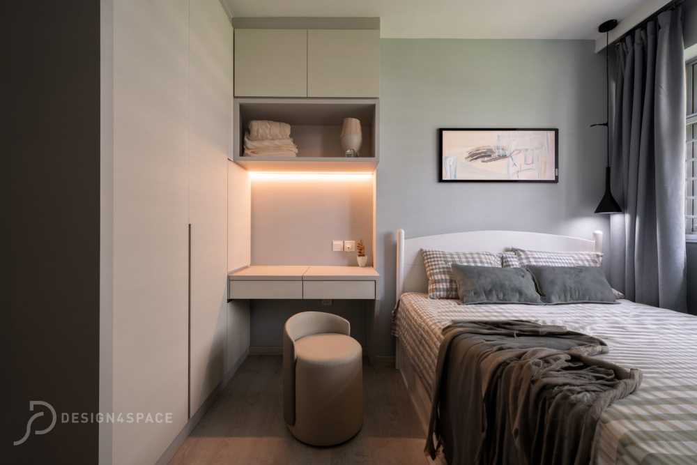 Modern Bedroom with Wood Flooring and Drop Ceiling