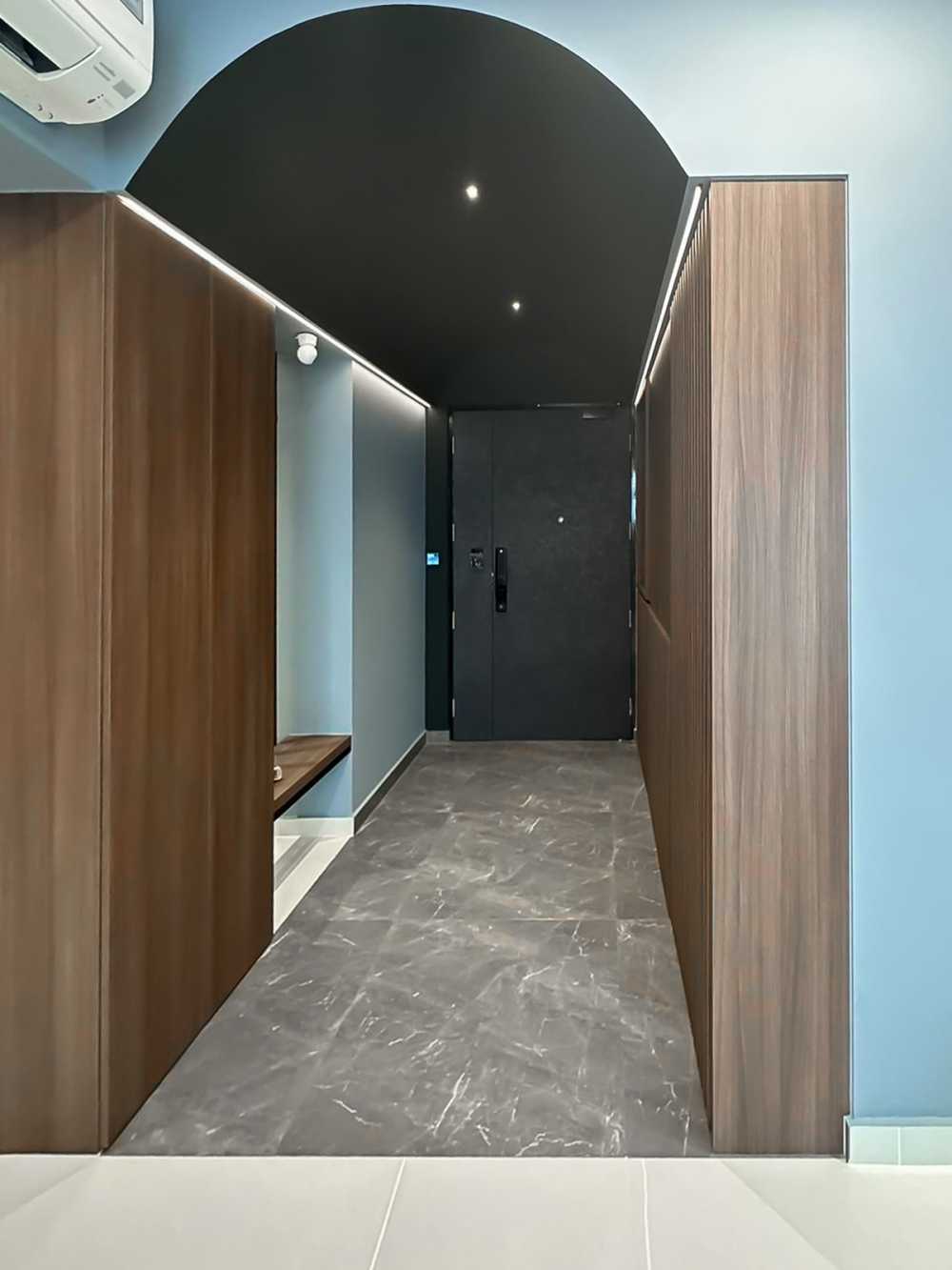 Scandinavian Foyer with Paintings and Storage Cabinets