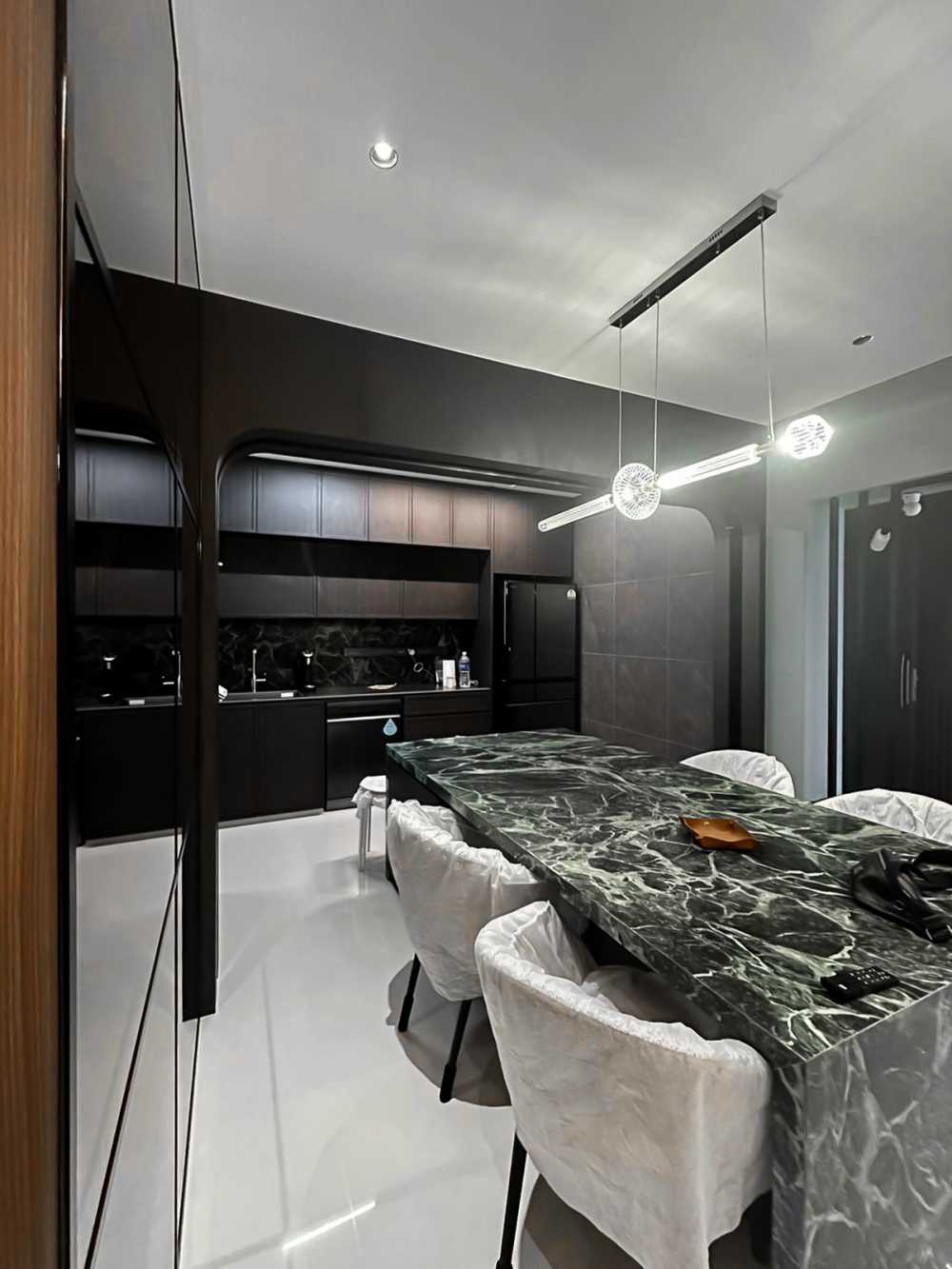 Scandinavian Dining Room with Kitchen Island and Kitchen Accessories