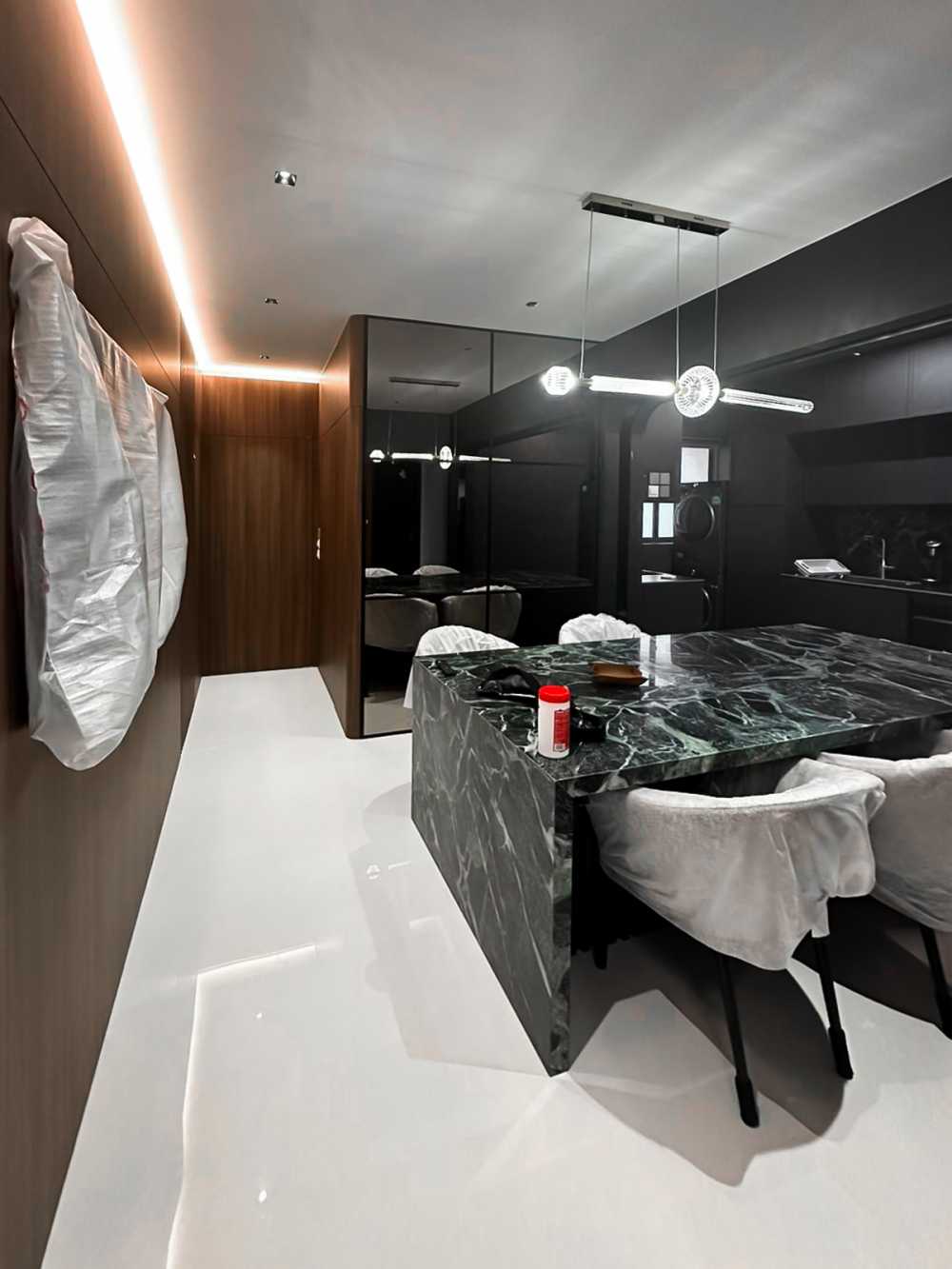 Scandinavian Dining Room with Kitchen Island and Panelling