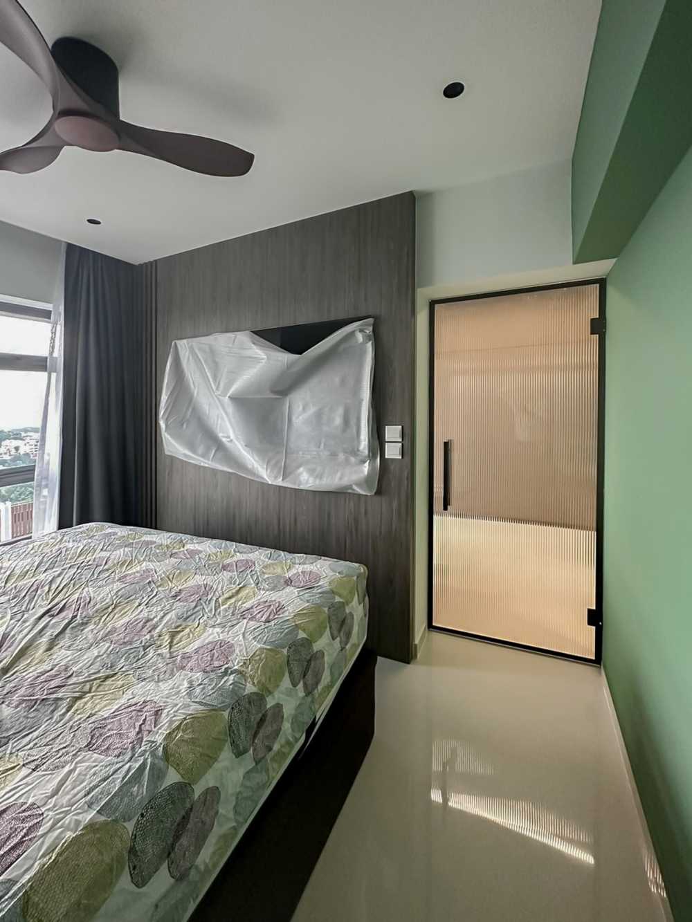 Scandinavian Bedroom with TV Console and Glass Door