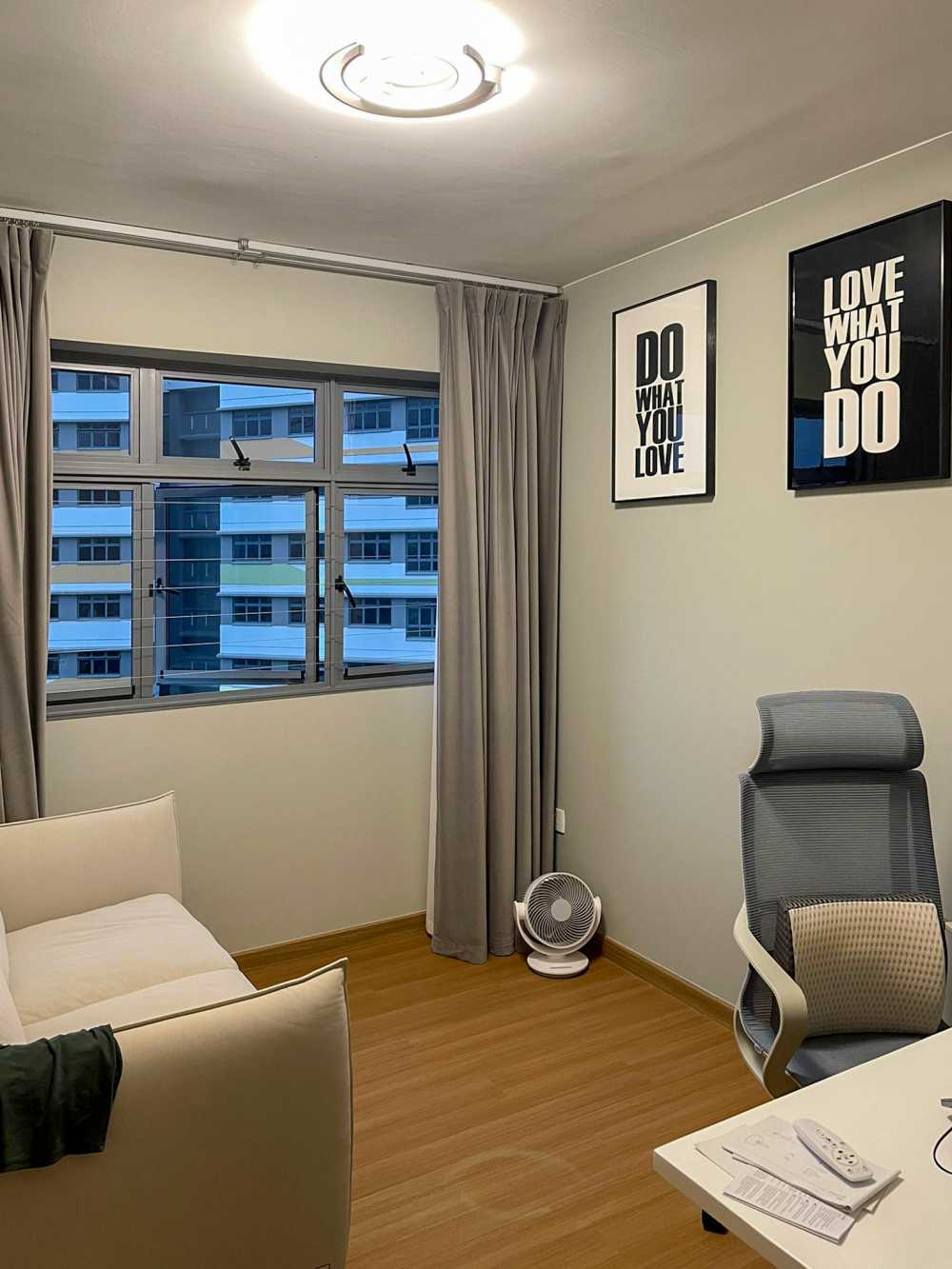 Minimalist Study with Ceiling Light and Curtain