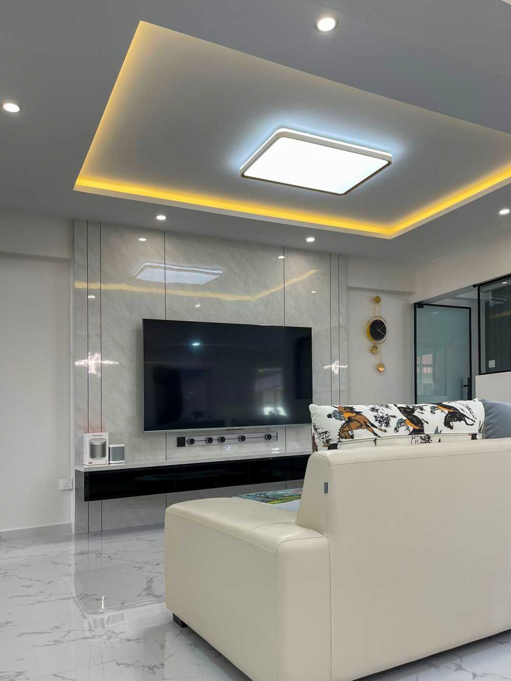 Modern Living Room with Marble Floor and Cove Lighting